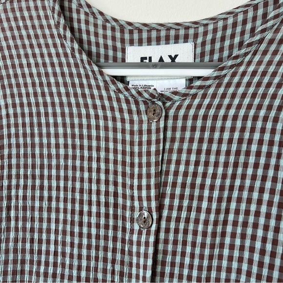 Flax Peplum Button Front Long Sleeve Top Gingham Checkered Organic Lagenlook - Picture 2 of 4